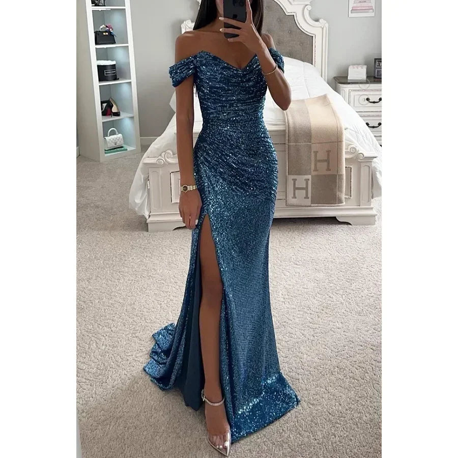 Vestido de Gala Brillante con Hombros Caídos