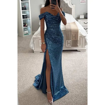 Vestido de Gala Brillante con Hombros Caídos