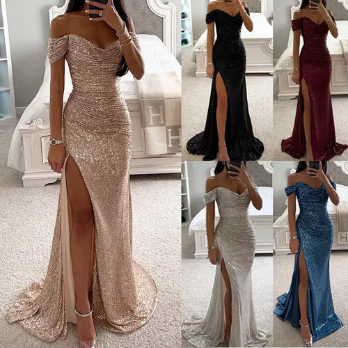 Vestido de Gala Brillante con Hombros Caídos
