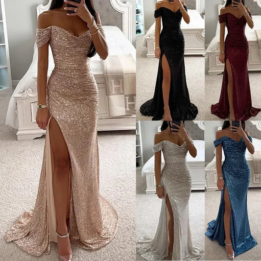Vestido de Gala Brillante con Hombros Caídos