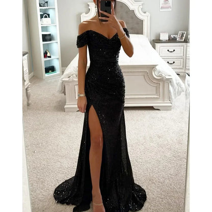 Vestido de Gala Brillante con Hombros Caídos